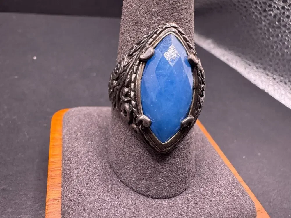 Vtg Burmese Blue Jade Sterling Silver 925 Braided Scrolled Cocktail Ring Sz 10